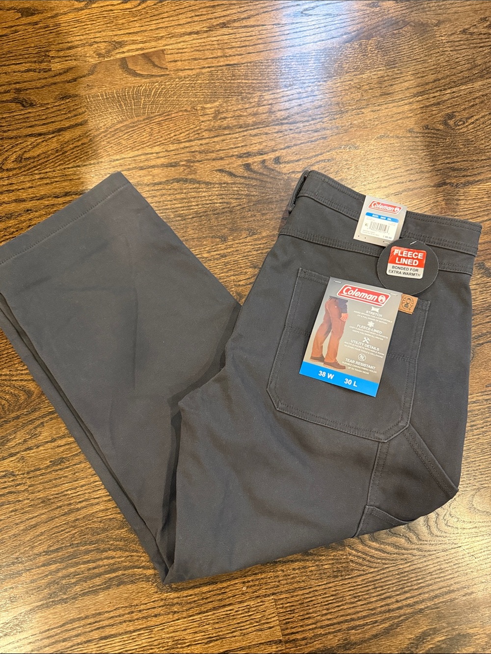 Coleman Men's Fleece-Lined Dark Gray Work Jeans 38x30 warm